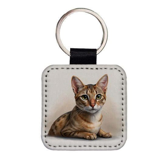Singapura Cat Illustration Square Faux Leather Keychain