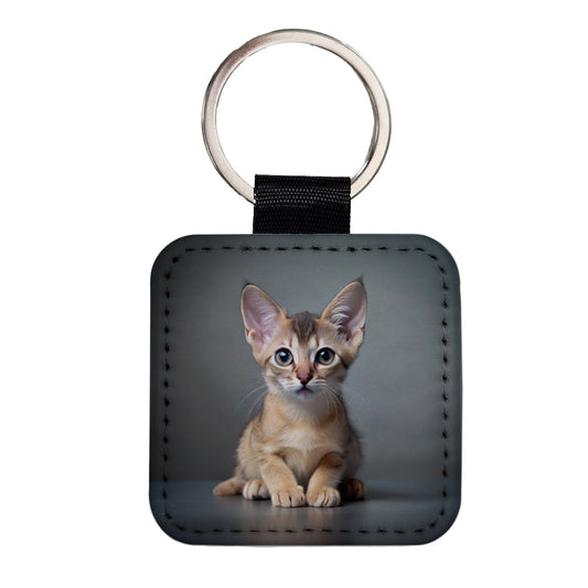 Singapura Cat Kitten Photo Square Faux Leather Keychain