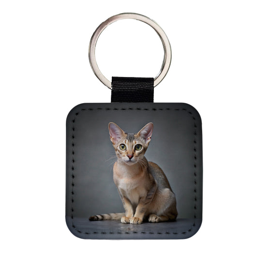 Singapura Cat Photo Square Faux Leather Keychain