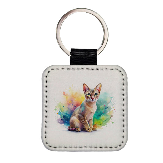 Singapura Cat Watercolor Style Square Faux Leather Keychain
