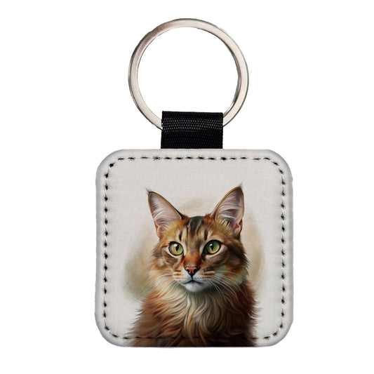 Somali Cat Illustration Square Faux Leather Keychain
