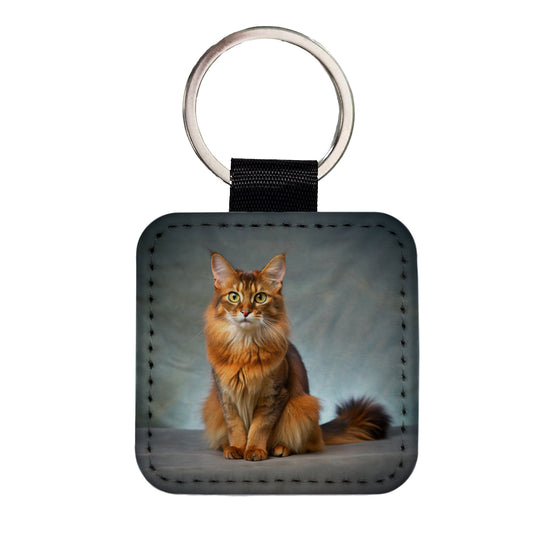 Somali Cat Kitten Photo Square Faux Leather Keychain