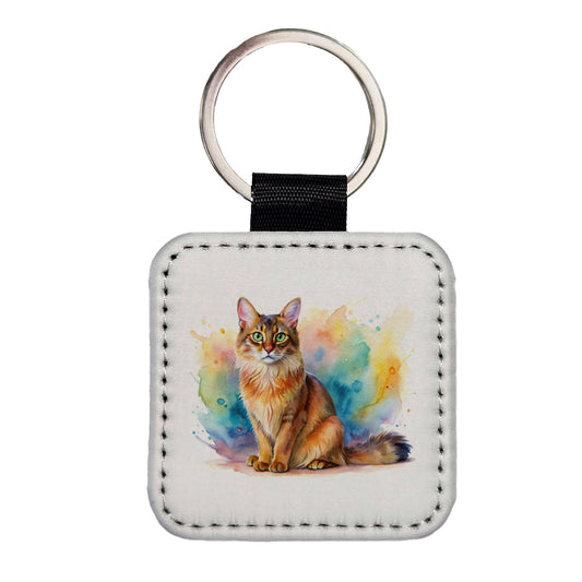 Somali Cat Watercolor Style Square Faux Leather Keychain