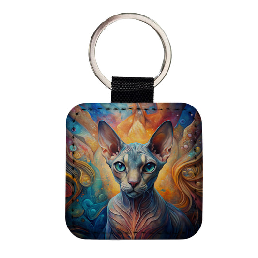 Sphynx Cat Abstract Art Square Faux Leather Keychain