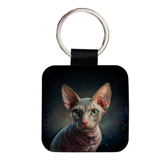 Sphynx Cat Illustration Square Faux Leather Keychain