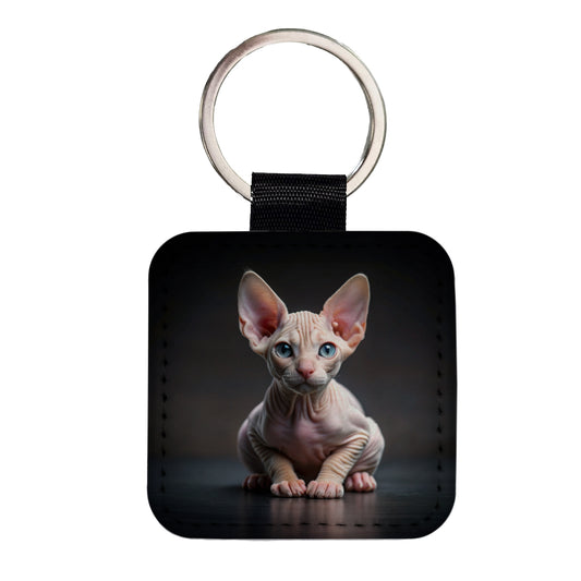 Sphynx Cat Kitten Photo Square Faux Leather Keychain