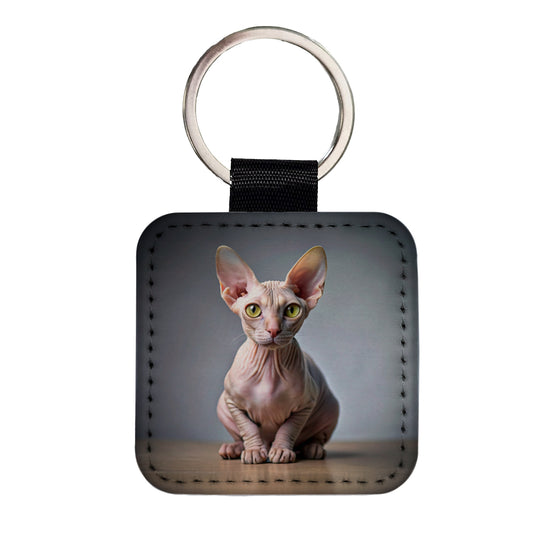 Sphynx Cat Photo Square Faux Leather Keychain