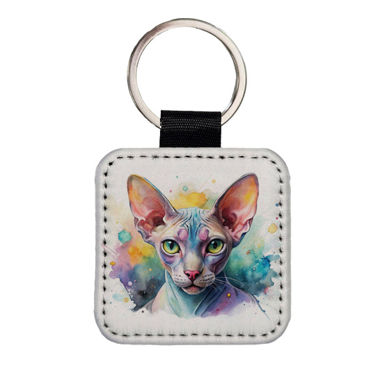 Sphynx Cat Watercolor Style Square Faux Leather Keychain