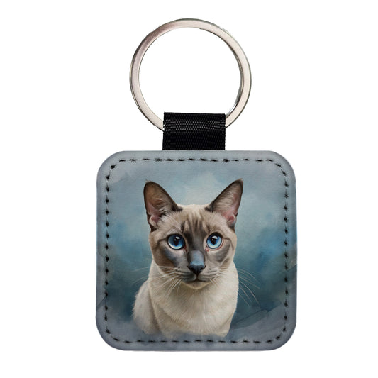 Tonkinese Cat Illustration Square Faux Leather Keychain
