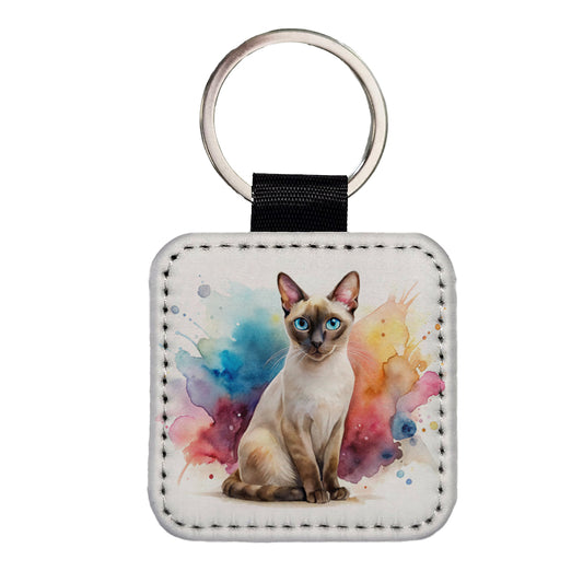 Tonkinese Cat Watercolor Style Square Faux Leather Keychain
