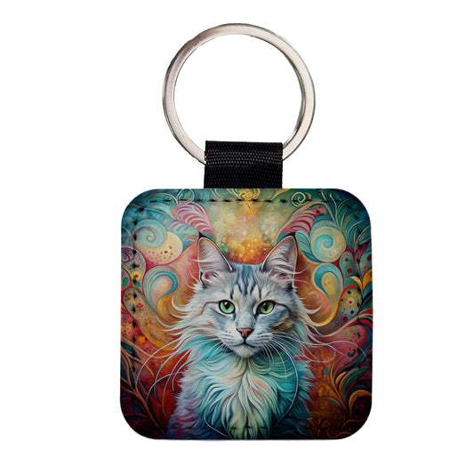Turkish Angora Cat Abstract Art Square Faux Leather Keychain