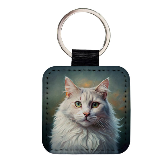 Turkish Angora Cat Illustration Square Faux Leather Keychain