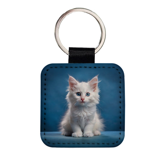 Turkish Angora Cat Kitten Photo Square Faux Leather Keychain
