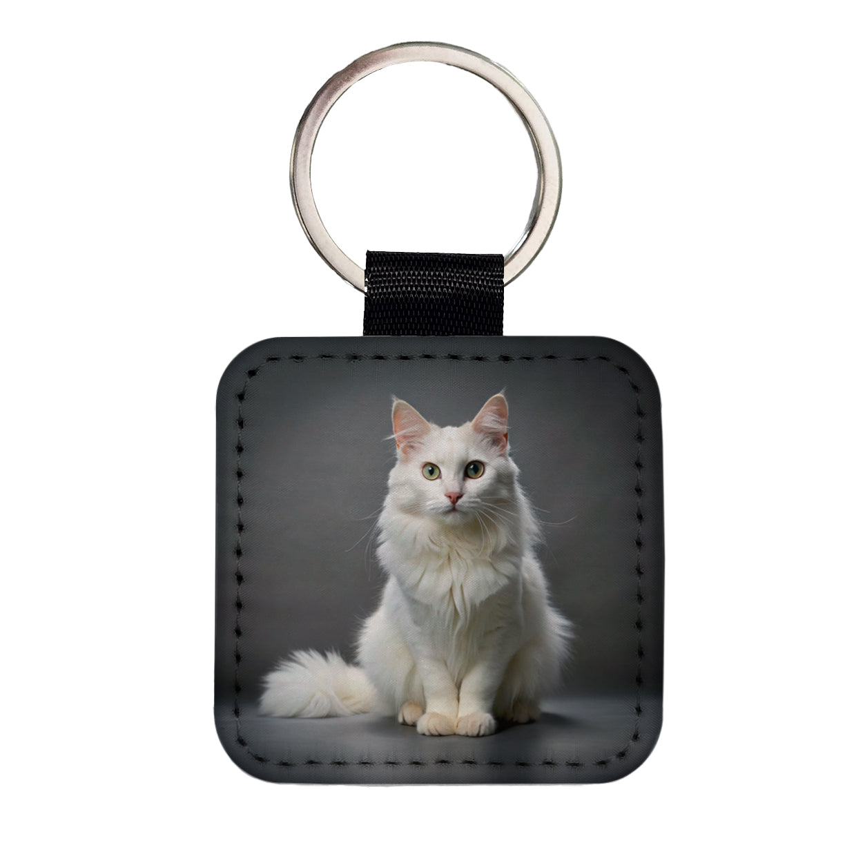 Turkish Angora Cat Photo Square Faux Leather Keychain