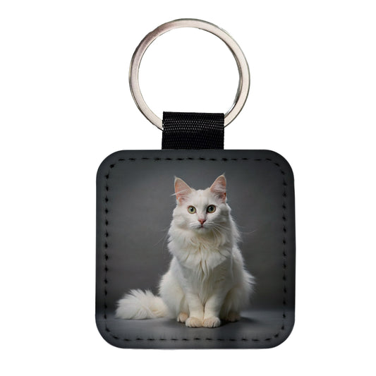 Turkish Angora Cat Photo Square Faux Leather Keychain