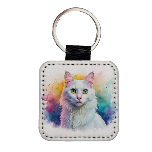 Turkish Angora Cat Watercolor Style Square Faux Leather Keychain