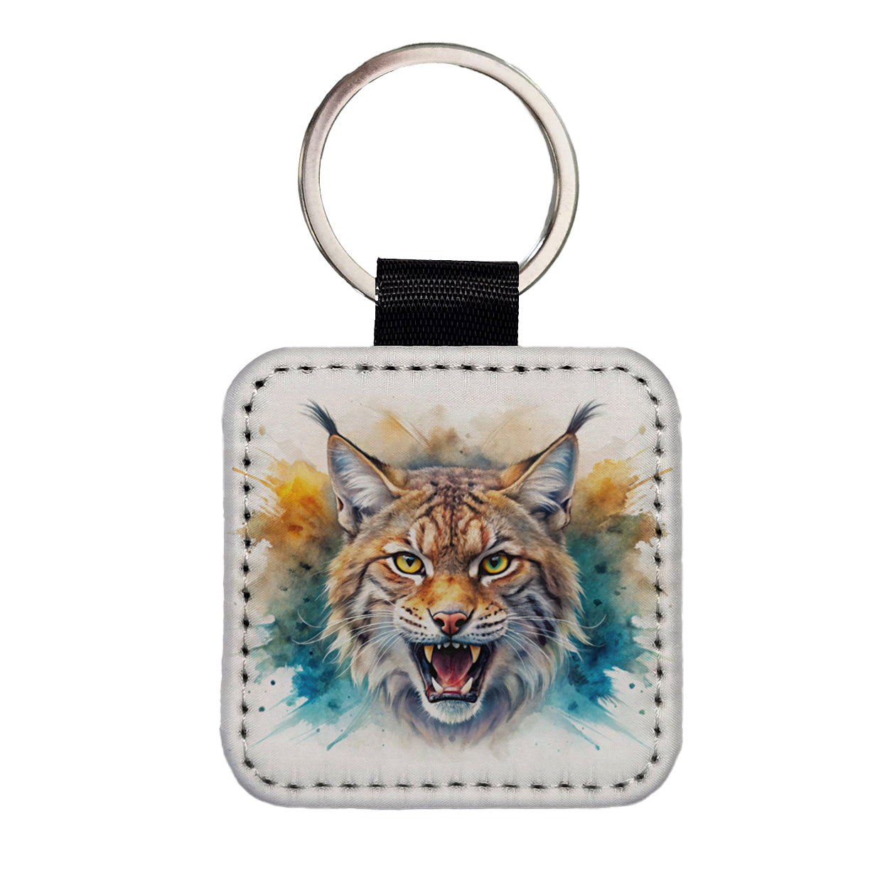 Angry Bobcat Watercolor Design Square Faux Leather Keychain