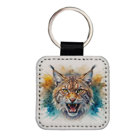Angry Bobcat Watercolor Design Square Faux Leather Keychain