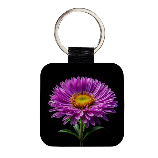 Aster Purple Flower Photo Square Faux Leather Keychain
