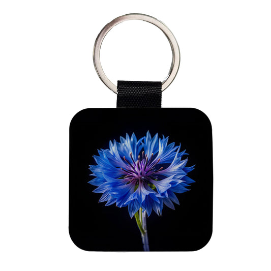 Blue Cornflower Photo Square Faux Leather Keychain
