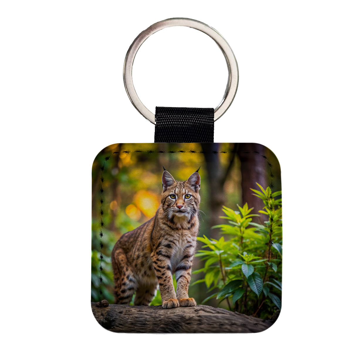 Bobcat In The Forest Square Faux Leather Keychain