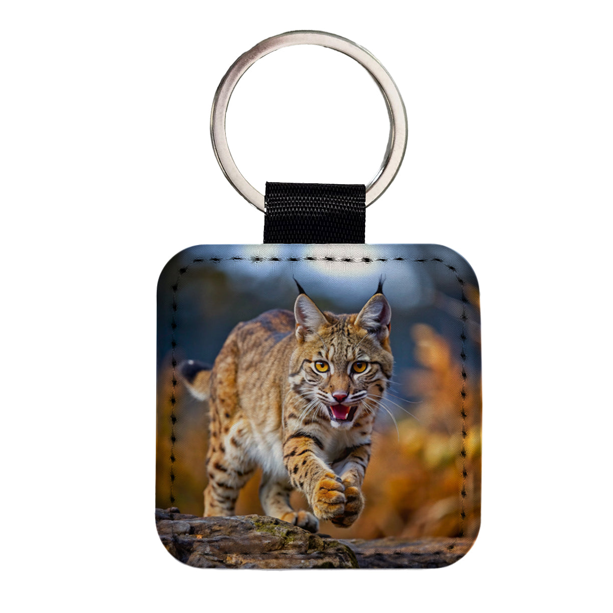 Bobcat Leaping To Catch Prey Square Faux Leather Keychain