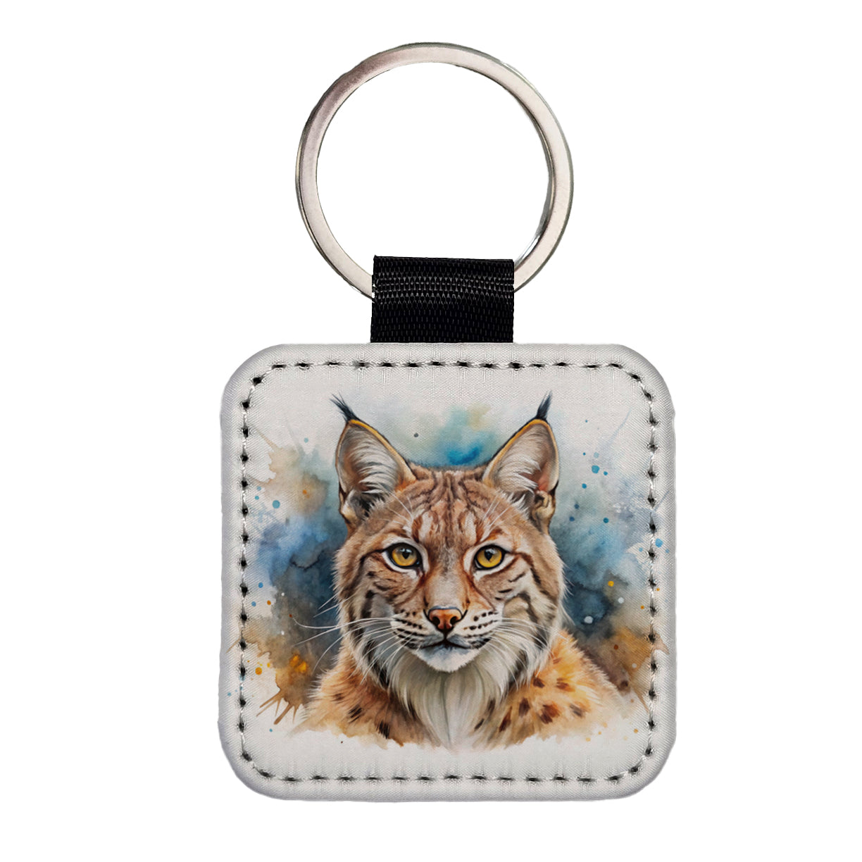Bobcat Watercolor Design Square Faux Leather Keychain