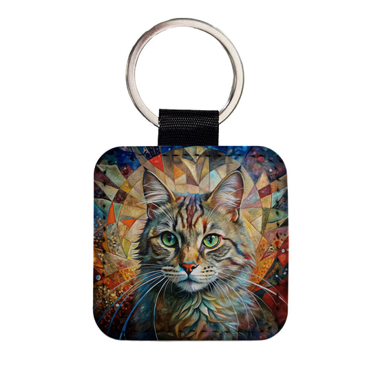 Cute Tabby Cat Abstract Art Square Faux Leather Keychain