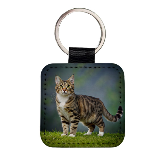 Cute Tabby Cat Photo Square Faux Leather Keychain