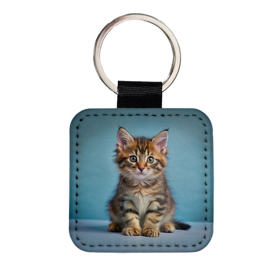 Cute Tabby Kitten Cat Photo Square Faux Leather Keychain