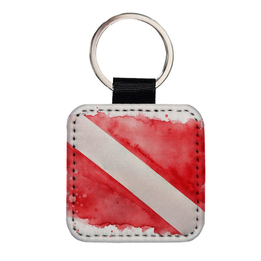 Diver Diving Dive Flag Watercolor Square Faux Leather Keychain