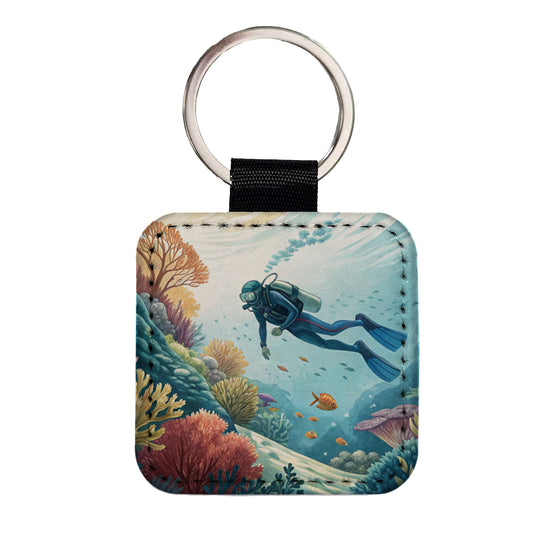 Diving Diver Exploring Underwater Square Faux Leather Keychain