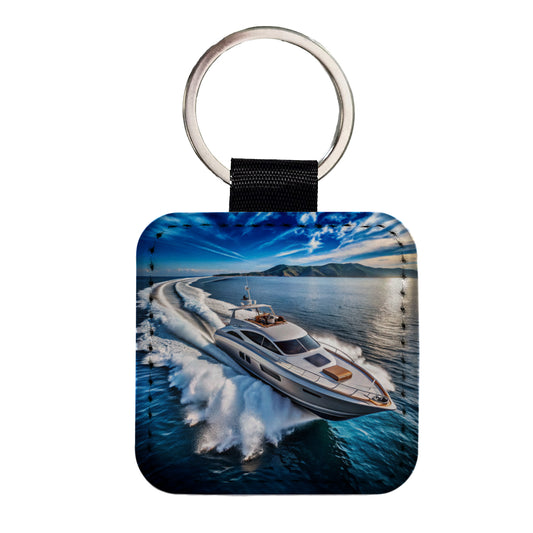 High-Performance Boat At Sea Square Faux Leather Keychain