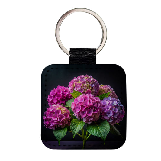 Hydrangea Flowers Photo Square Faux Leather Keychain