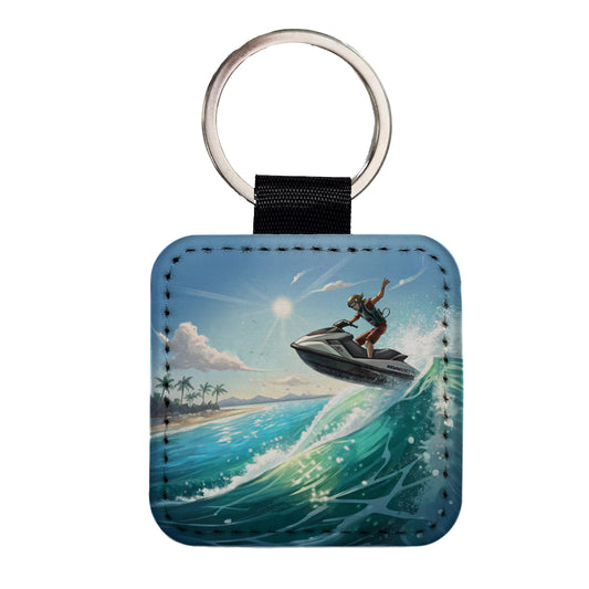 Jet Ski Skiing at Tropical Beach Square Faux Leather Keychain