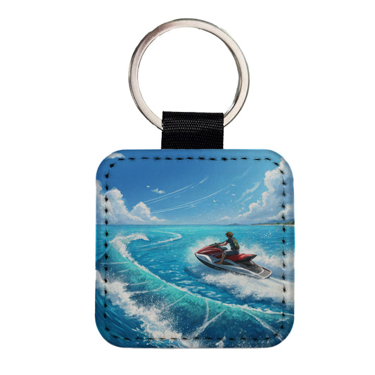 Jet Ski Skiing On Vacation Square Faux Leather Keychain