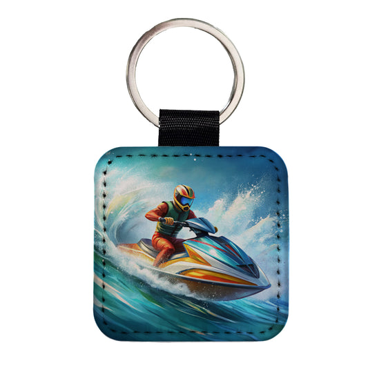 Jet Ski Skiing Racing Square Faux Leather Keychain