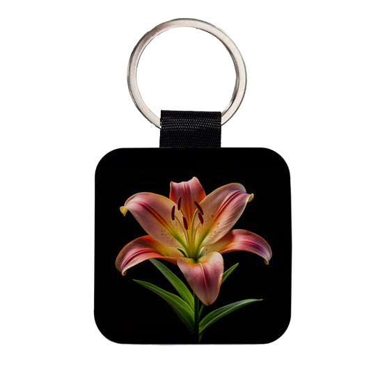 Lily Flower Photo Square Faux Leather Keychain