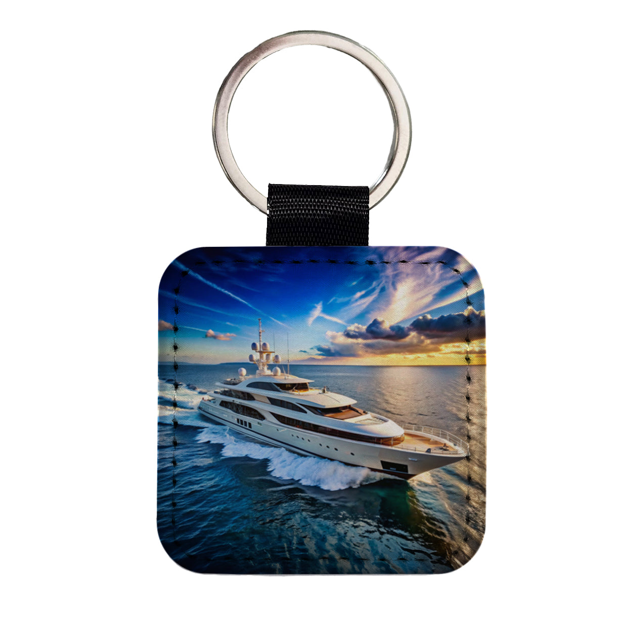 Luxury Yacht Ship At Sea Square Faux Leather Keychain