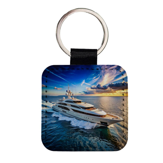 Luxury Yacht Ship At Sea Square Faux Leather Keychain