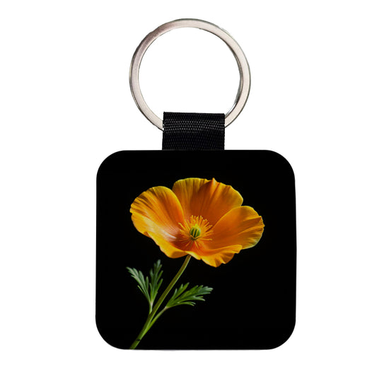 Orange California Poppy Flower Photo Square Faux Leather Keychain
