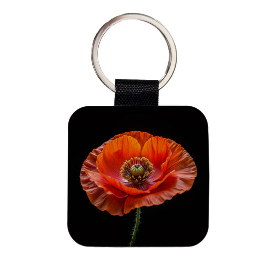 Orange Poppy Flower Photo Square Faux Leather Keychain