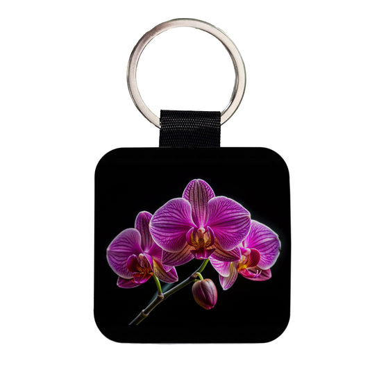 Orchid Flower Photo Square Faux Leather Keychain