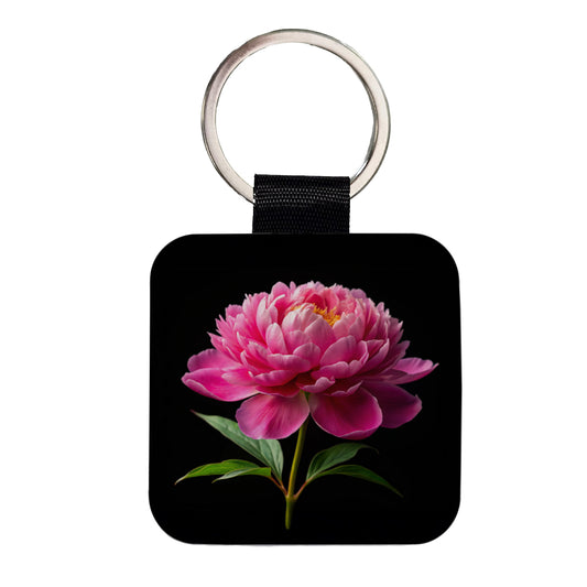 Peony Flower Photo Square Faux Leather Keychain