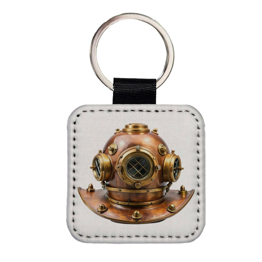 Retro Copper And Brass Diving Helmet Square Faux Leather Keychain