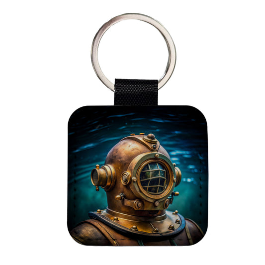 Retro Diving Helmet Suit Underwater Square Faux Leather Keychain