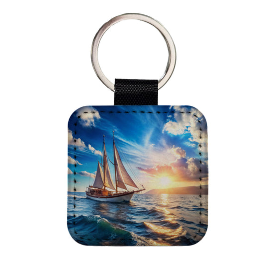 Sailboat On The Ocean Square Faux Leather Keychain