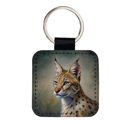 Serval Wild Cat Illustration Square Faux Leather Keychain