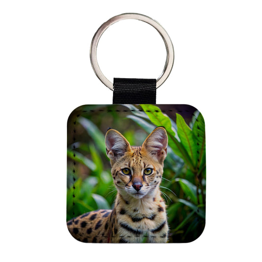 Serval Wild Cat Photo Square Faux Leather Keychain