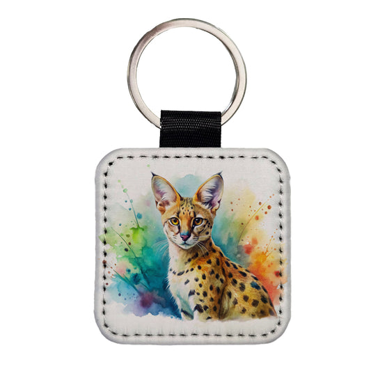 Serval Wild Cat Watercolor Design Square Faux Leather Keychain